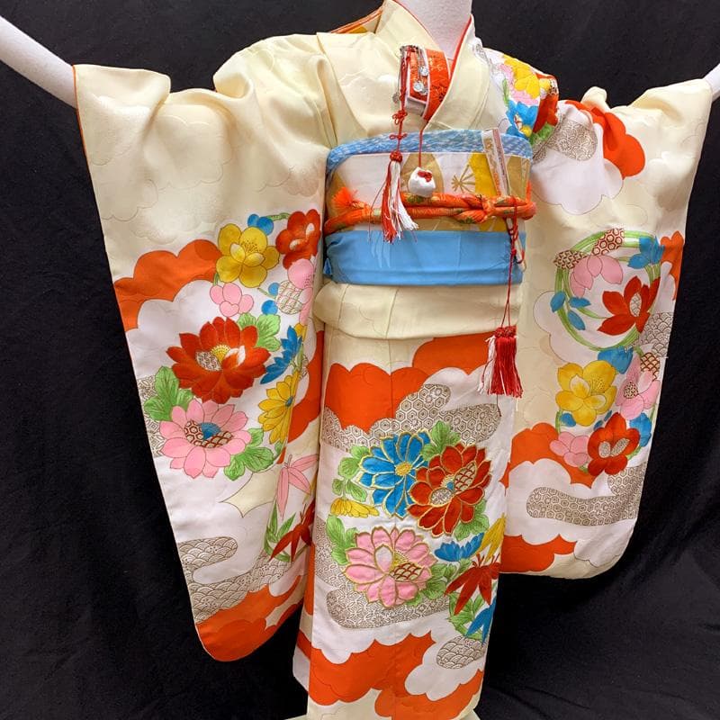 506ag1□七五三 七歳 女児 着物&袋帯&長襦袢 金彩 金糸 花丸文□良好