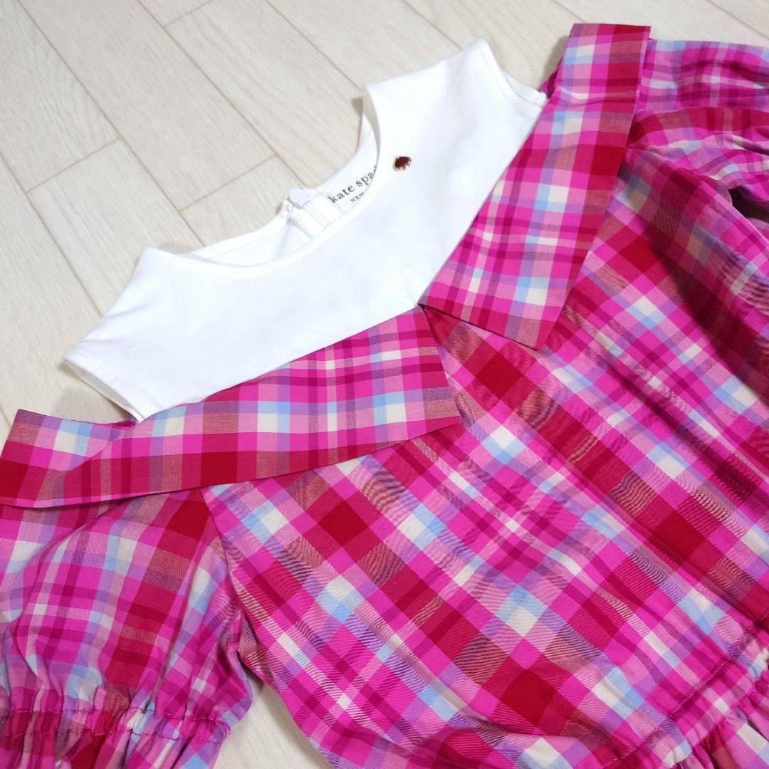 ケイトスペード140サイズ　ガーデンプレイドオフショルダーワンピース　ピンク