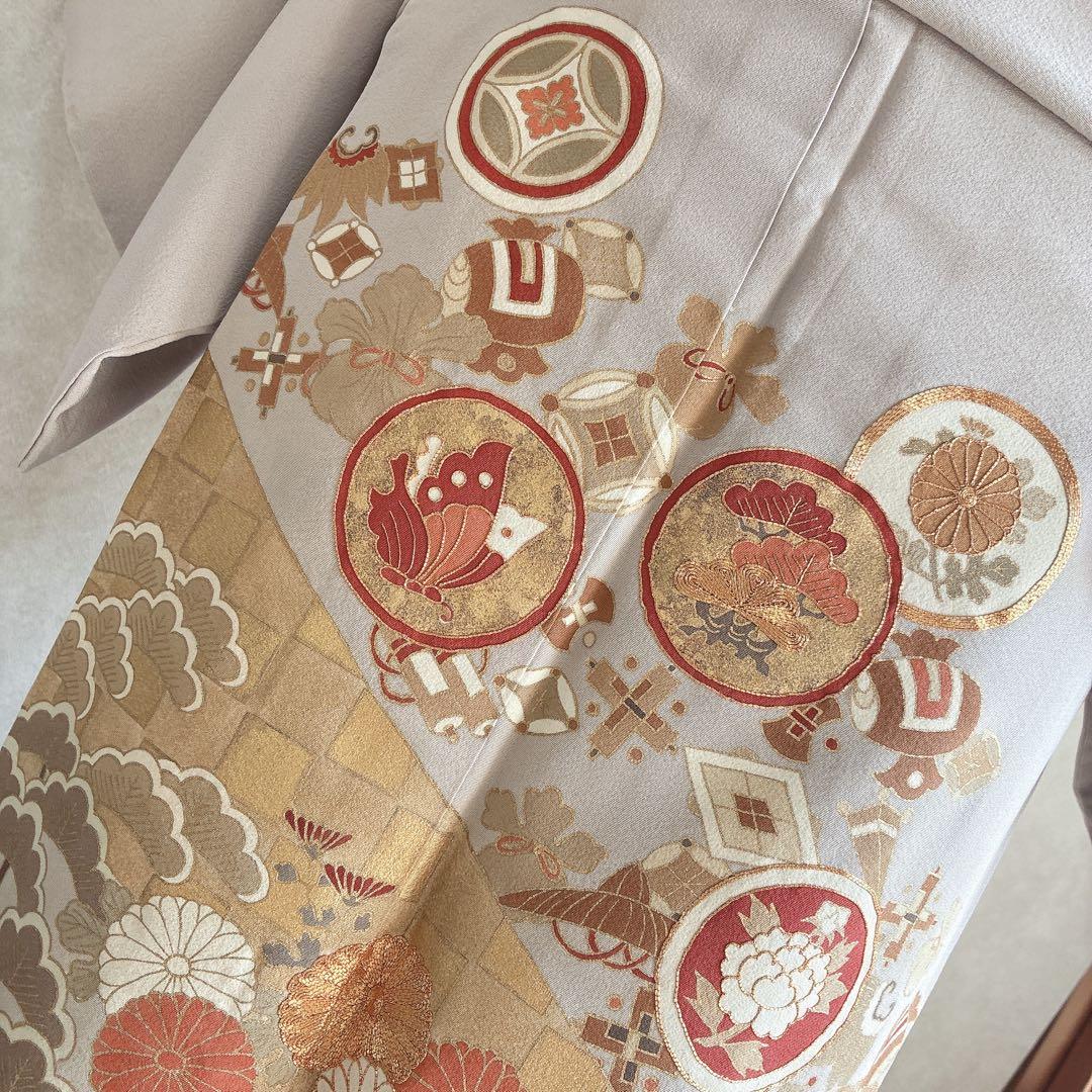 訪問着　フルセット　着物　難あり　練習用　正絹　宝尽くし　金駒刺繍　N2