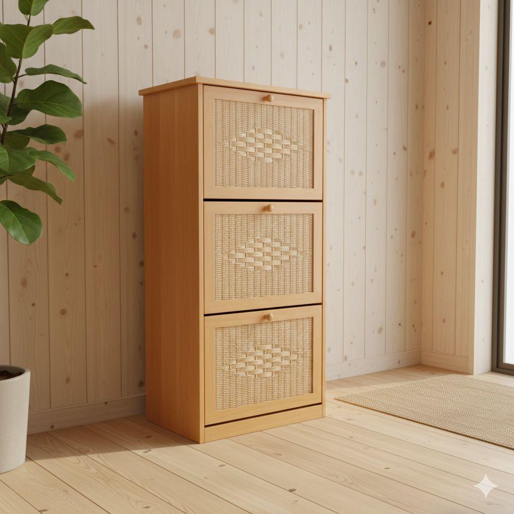 ラタン調ルーバー扉付き 3段薄型シューズラック/靴箱