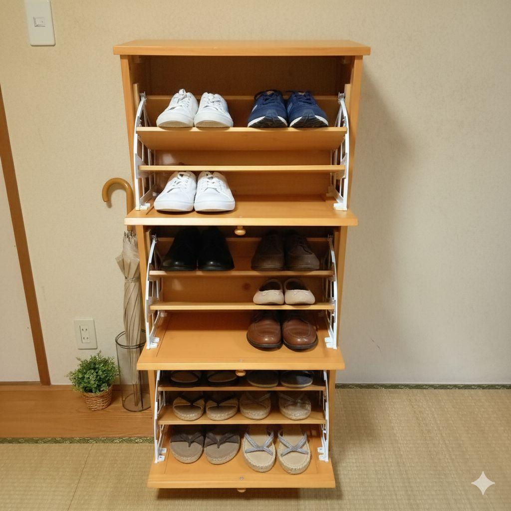 ラタン調ルーバー扉付き 3段薄型シューズラック/靴箱