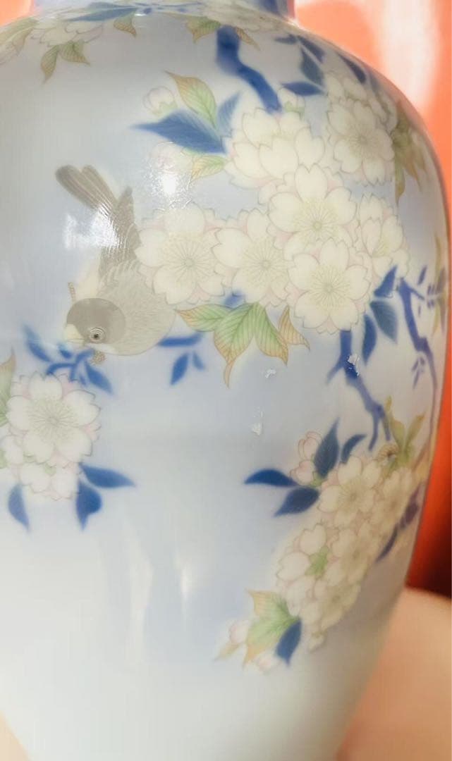 染付官窯 宮内庁御用達 深川製磁 花瓶 花鳥図 高さ約37.5cm 深川製磁共箱