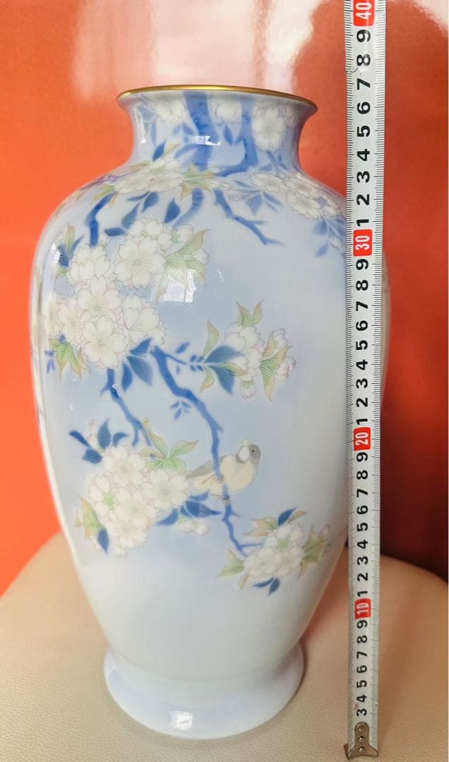 染付官窯 宮内庁御用達 深川製磁 花瓶 花鳥図 高さ約37.5cm 深川製磁共箱