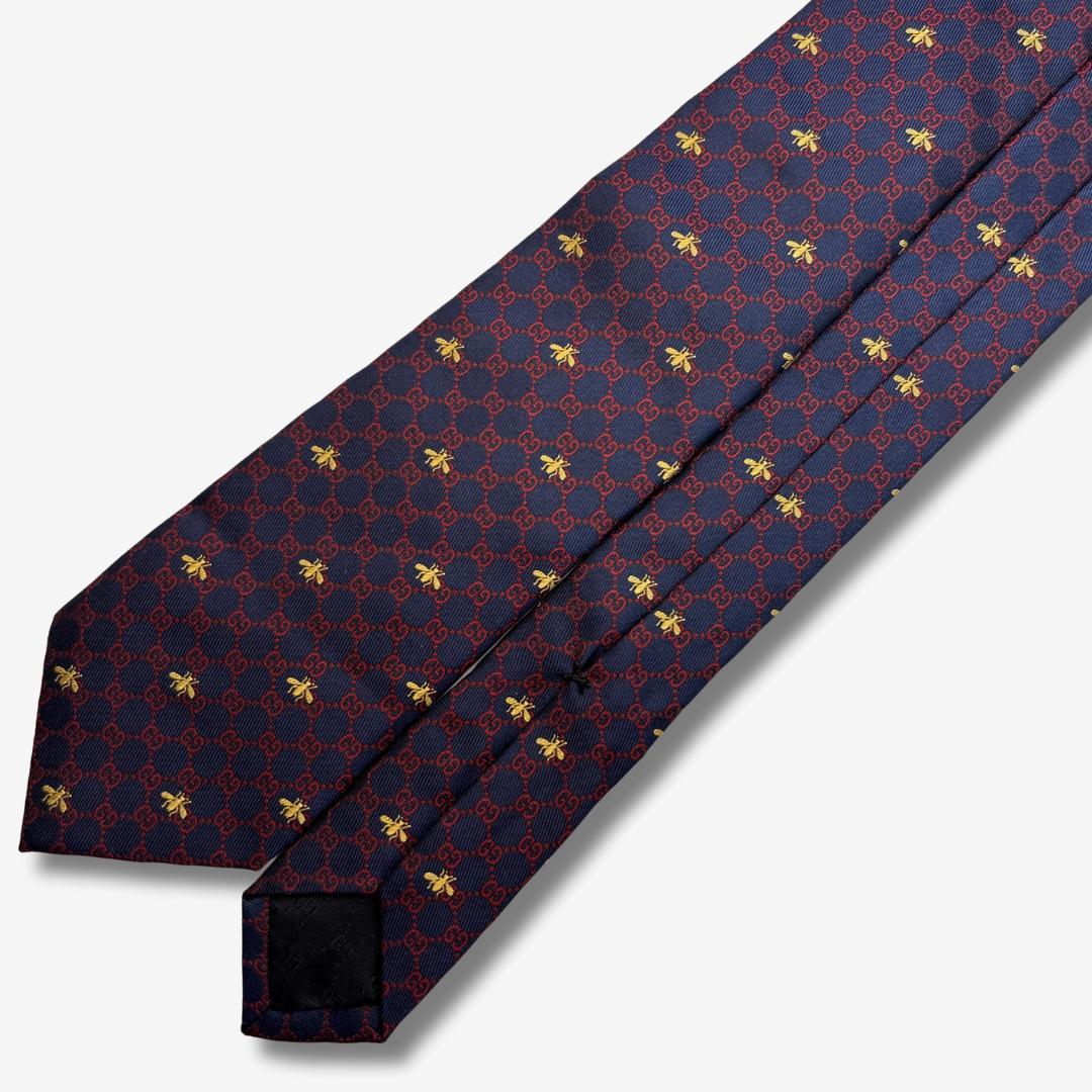 GUCCI シルクネクタイ GG柄 蜂 刺繍 ネイビー