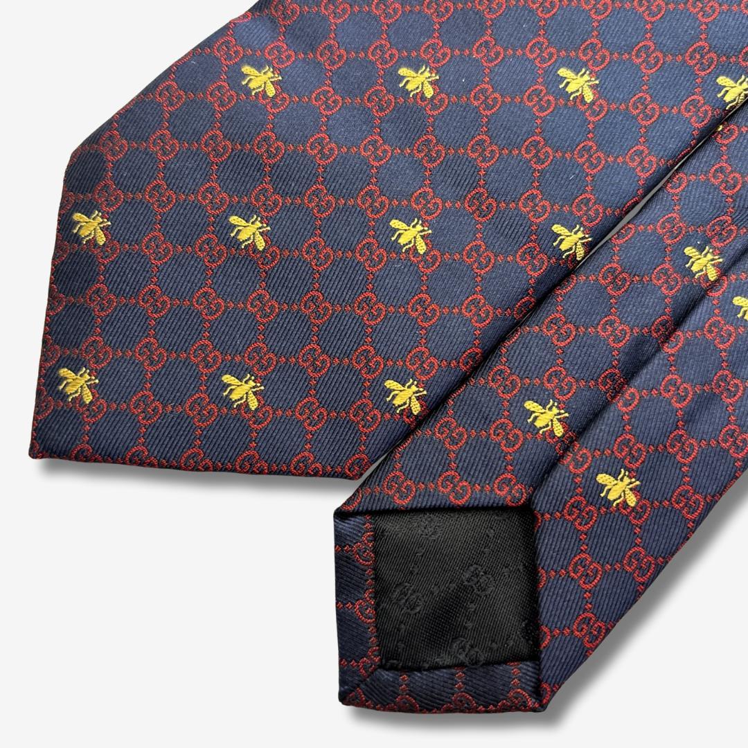 GUCCI シルクネクタイ GG柄 蜂 刺繍 ネイビー