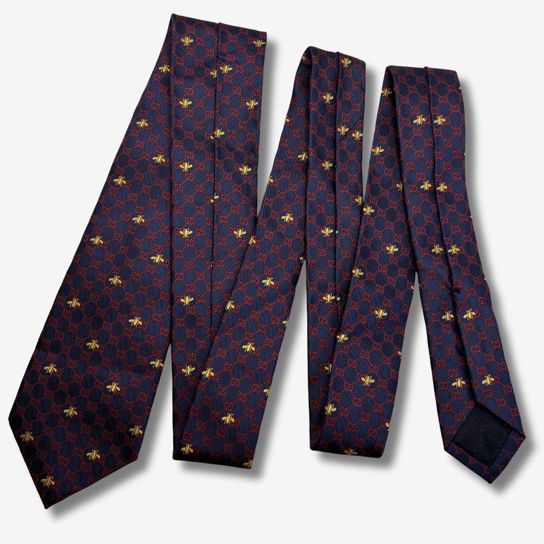 GUCCI シルクネクタイ GG柄 蜂 刺繍 ネイビー