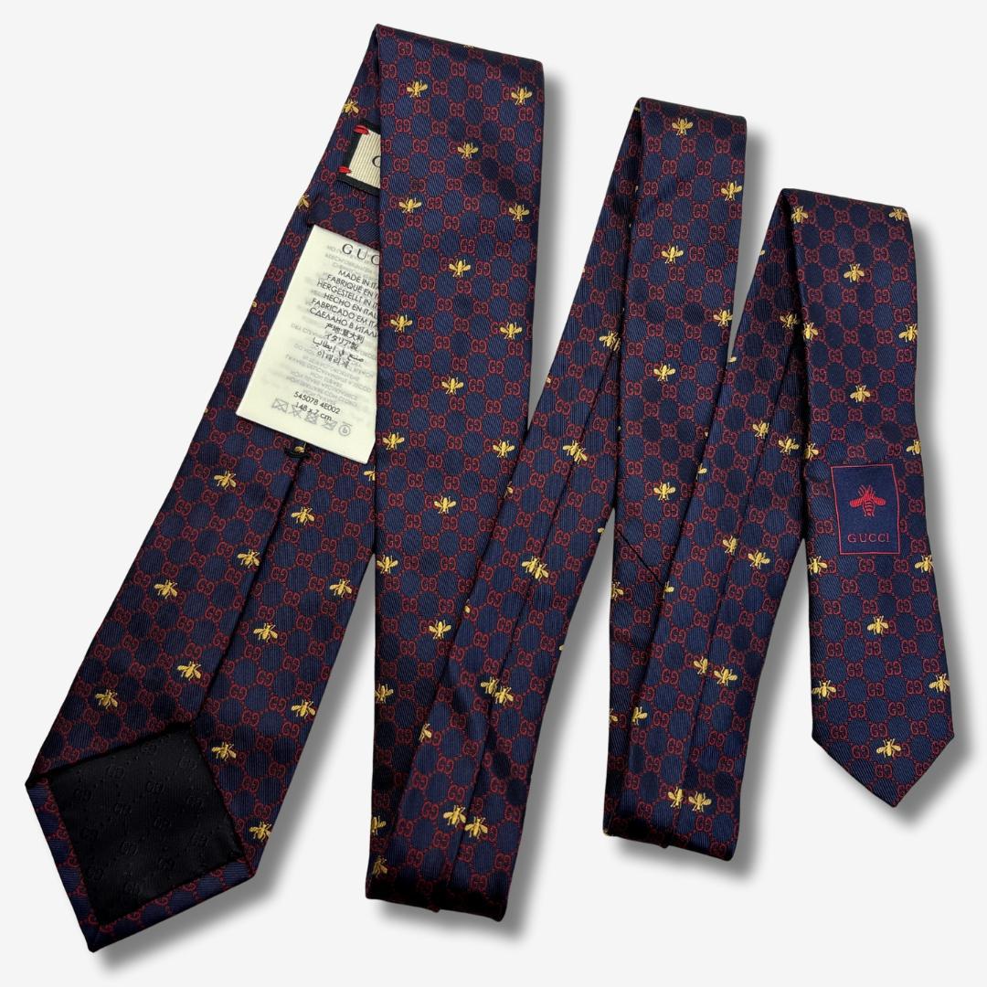 GUCCI シルクネクタイ GG柄 蜂 刺繍 ネイビー