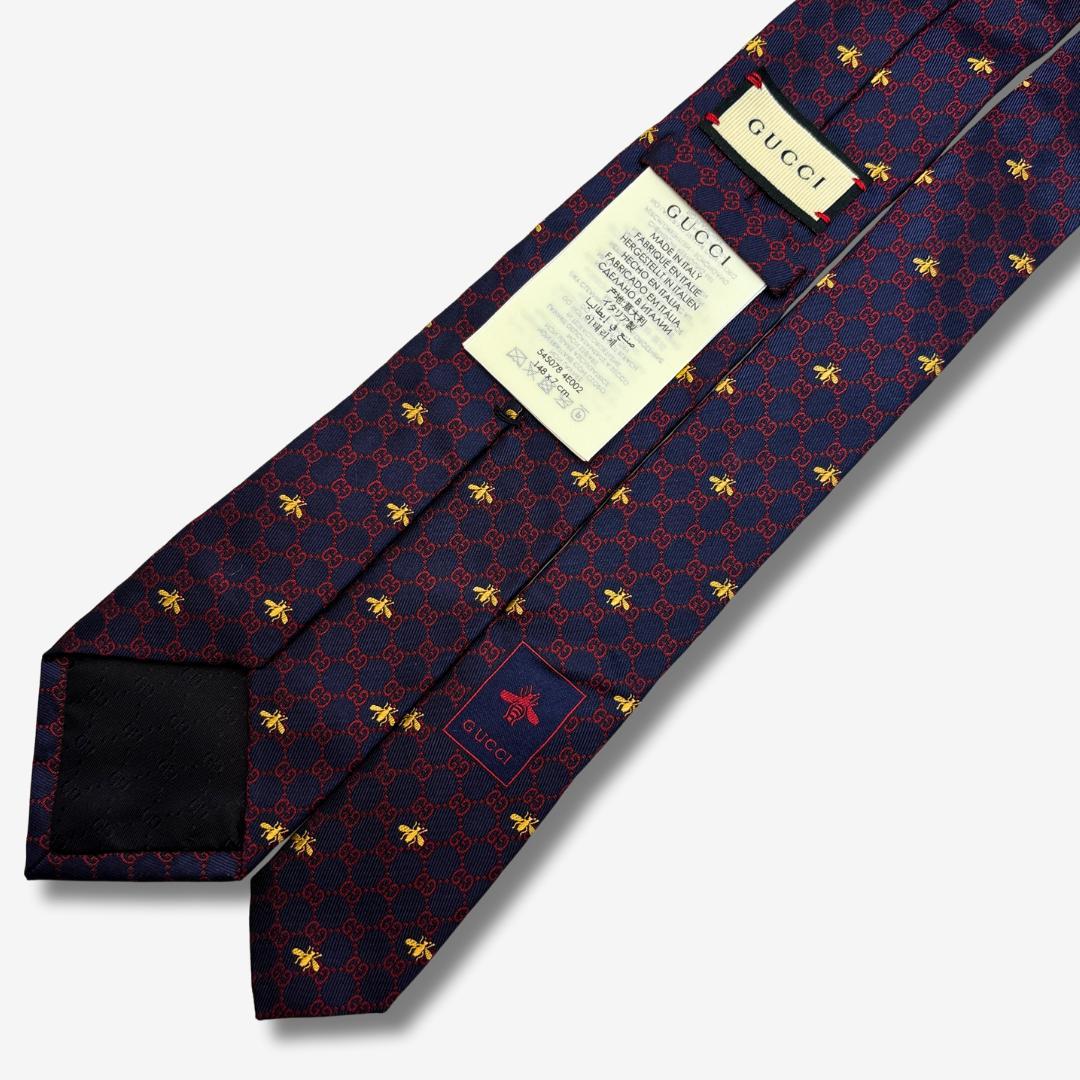 GUCCI シルクネクタイ GG柄 蜂 刺繍 ネイビー
