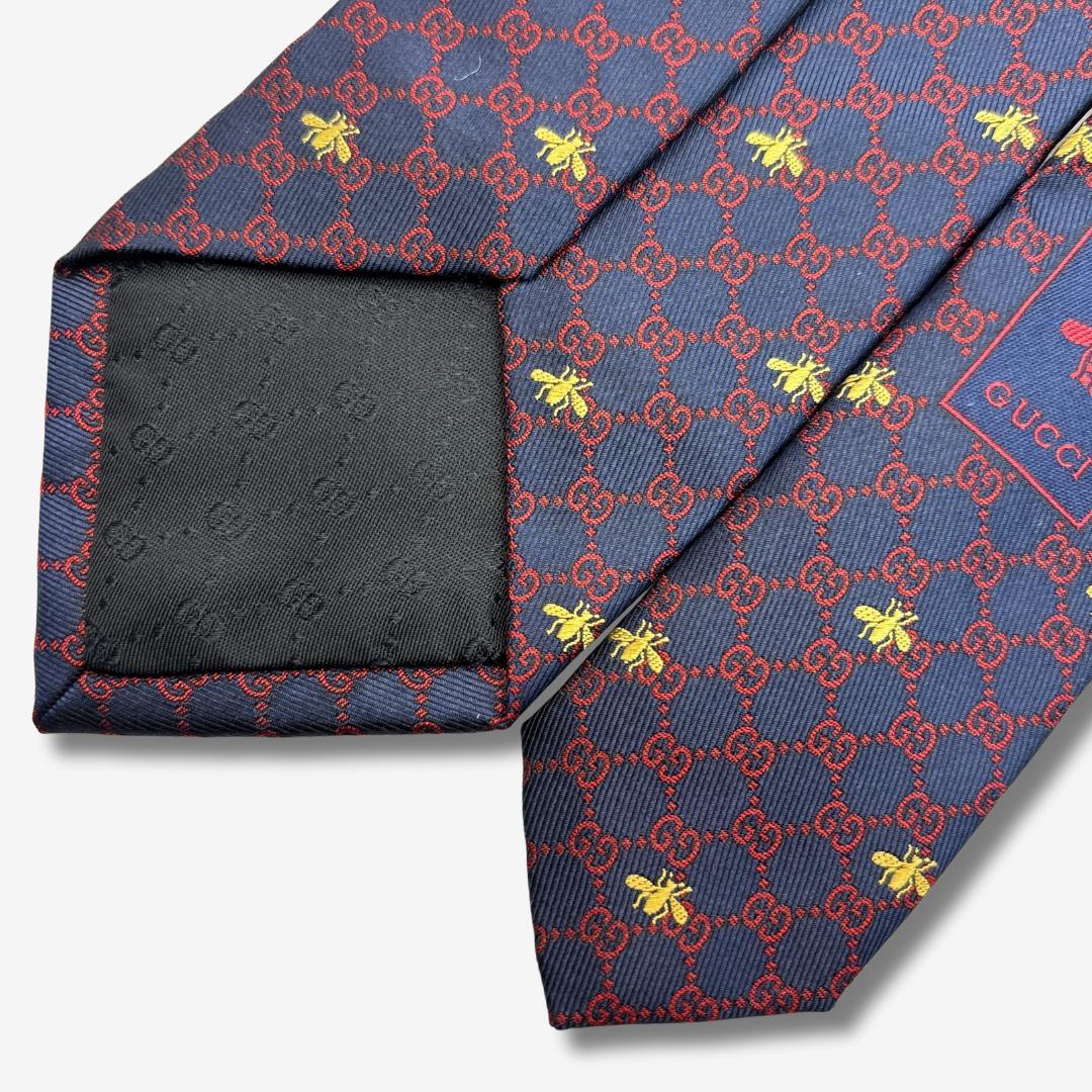 GUCCI シルクネクタイ GG柄 蜂 刺繍 ネイビー
