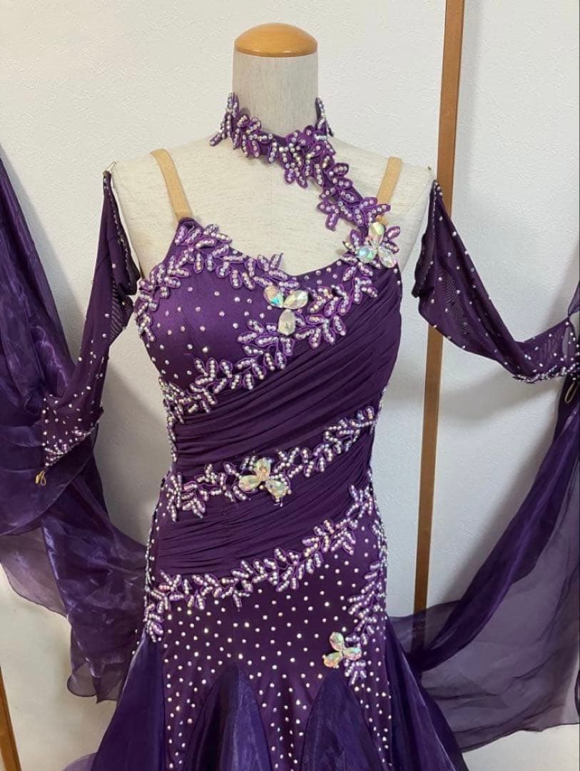 社交ダンスドレス　ダンスドレス　M 紫色　競技会　デモ　超豪華　レッスンウェア