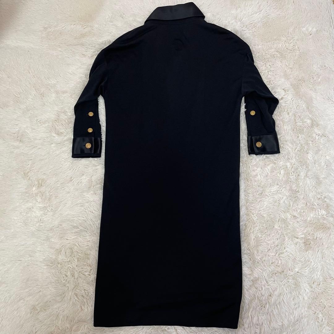 希少 シャネル 金ボタン シルク ワンピース 長袖 黒 44 XL レディース