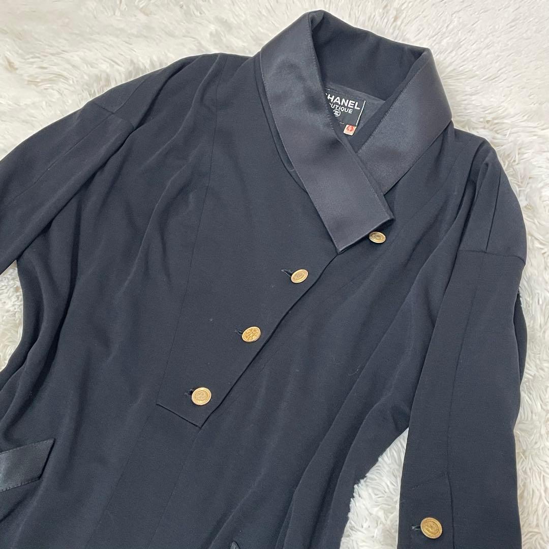 希少 シャネル 金ボタン シルク ワンピース 長袖 黒 44 XL レディース