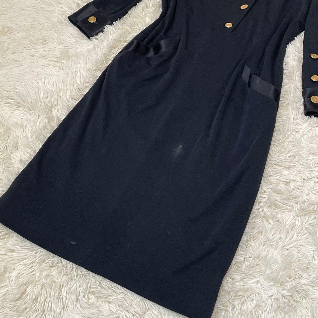 希少 シャネル 金ボタン シルク ワンピース 長袖 黒 44 XL レディース