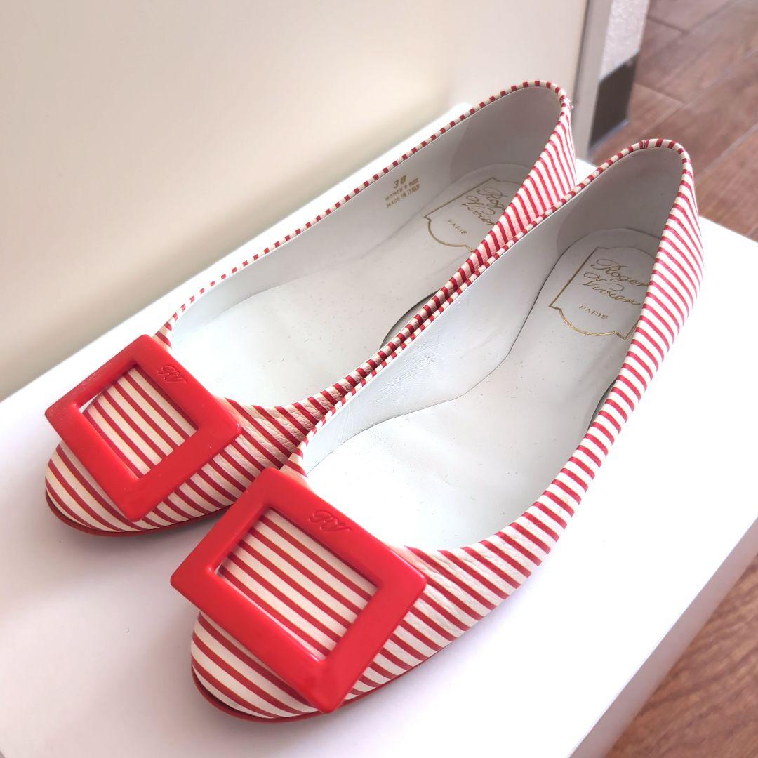 ロジェヴィヴィエRogerVivier赤白ストライプ定番バックルフラットパンプス