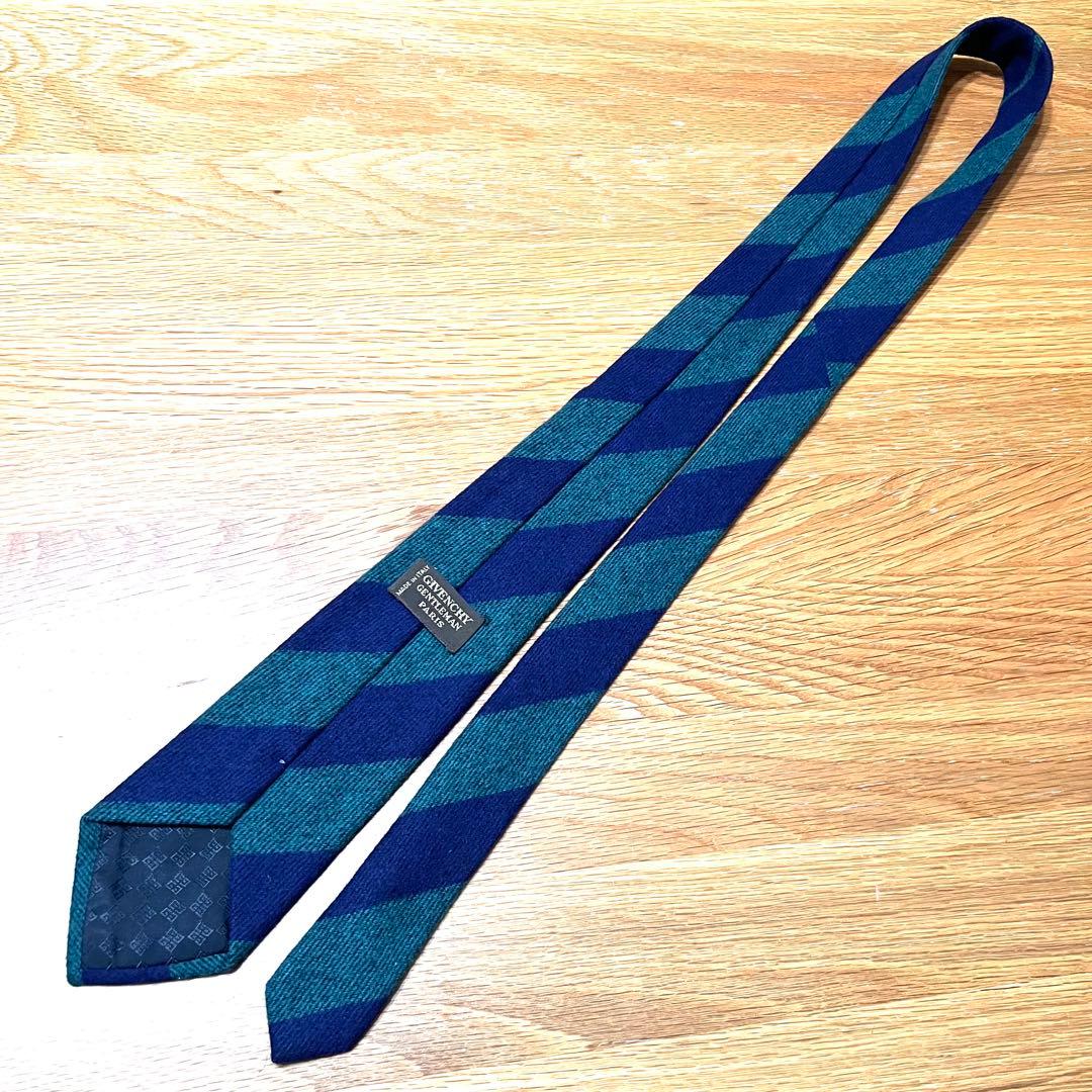 【極美品】ジバンシィ カシミヤ100% ネイビー グリーン ストライプ ネクタイ