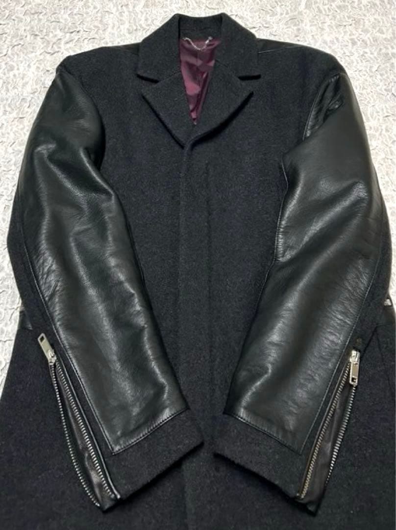 【正規品】 DIESEL チェスターコート レザー 切替 ウール ブラック 牛革