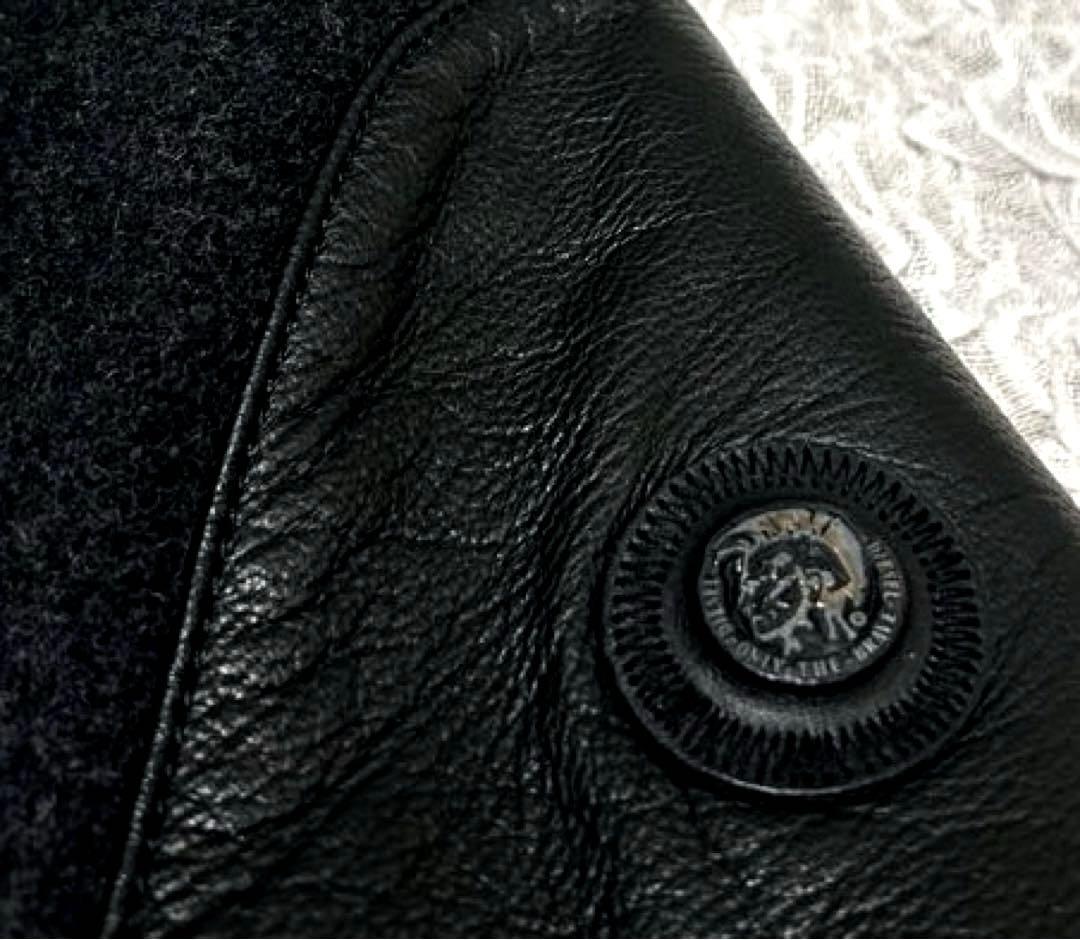 【正規品】 DIESEL チェスターコート レザー 切替 ウール ブラック 牛革