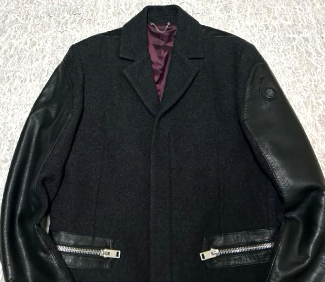 【正規品】 DIESEL チェスターコート レザー 切替 ウール ブラック 牛革