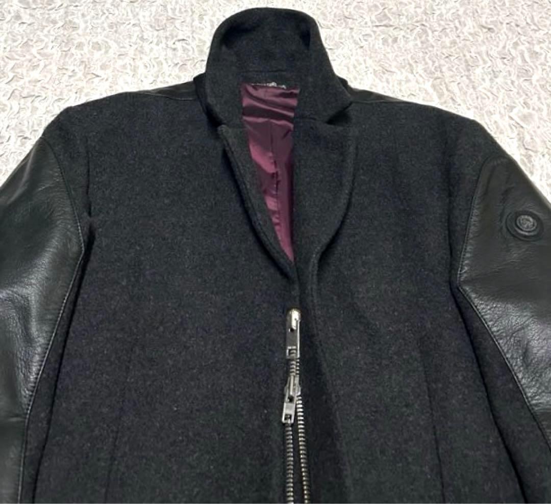 【正規品】 DIESEL チェスターコート レザー 切替 ウール ブラック 牛革