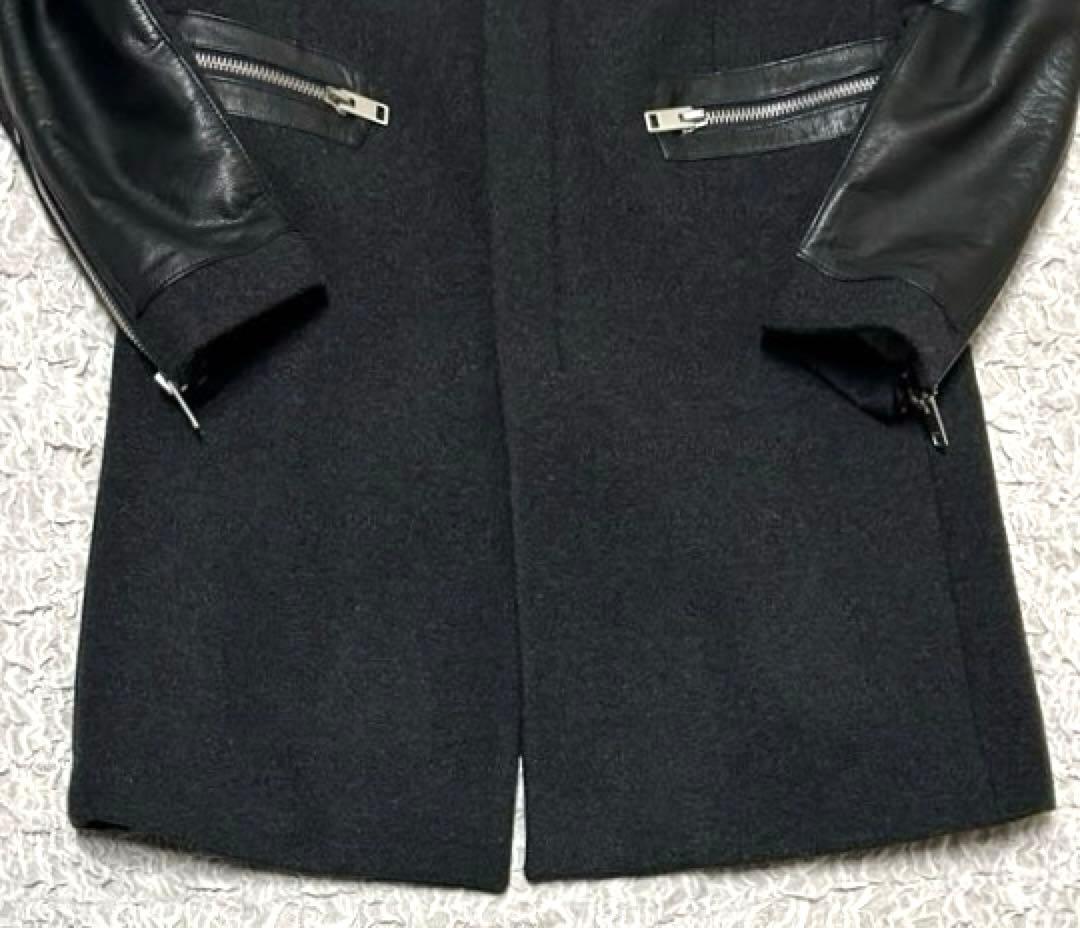 【正規品】 DIESEL チェスターコート レザー 切替 ウール ブラック 牛革