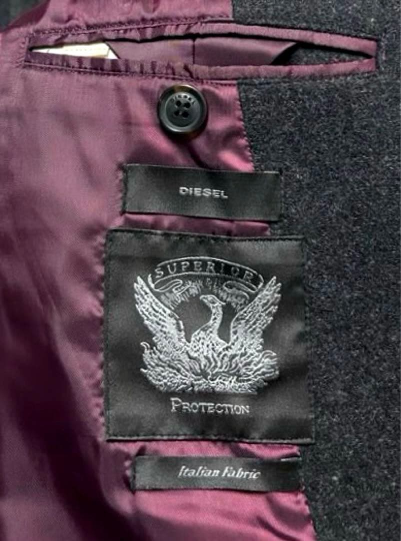 【正規品】 DIESEL チェスターコート レザー 切替 ウール ブラック 牛革