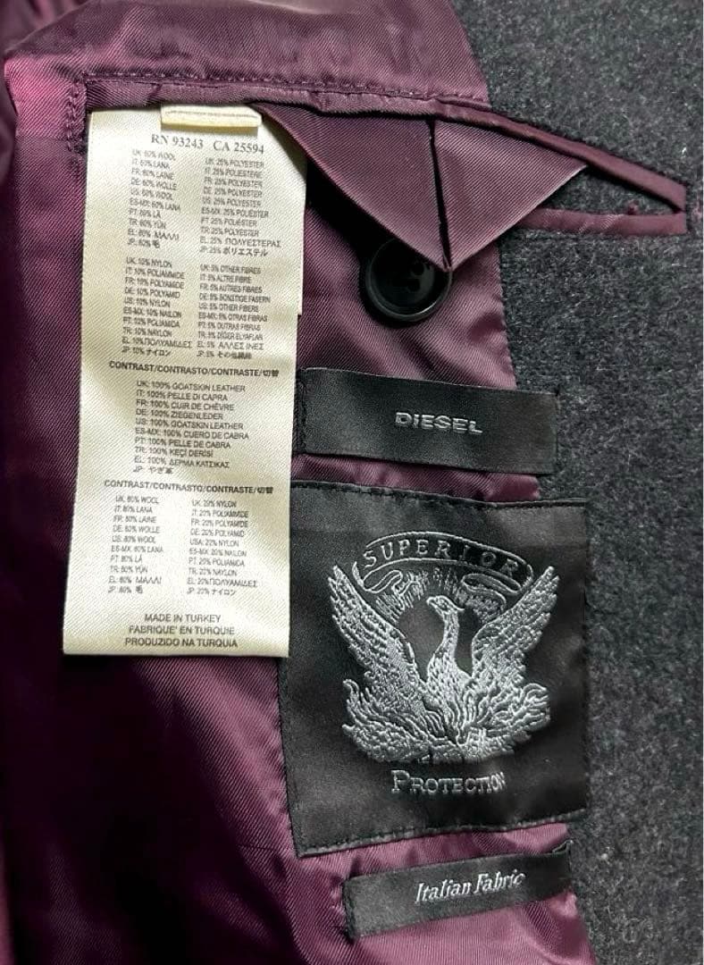 【正規品】 DIESEL チェスターコート レザー 切替 ウール ブラック 牛革
