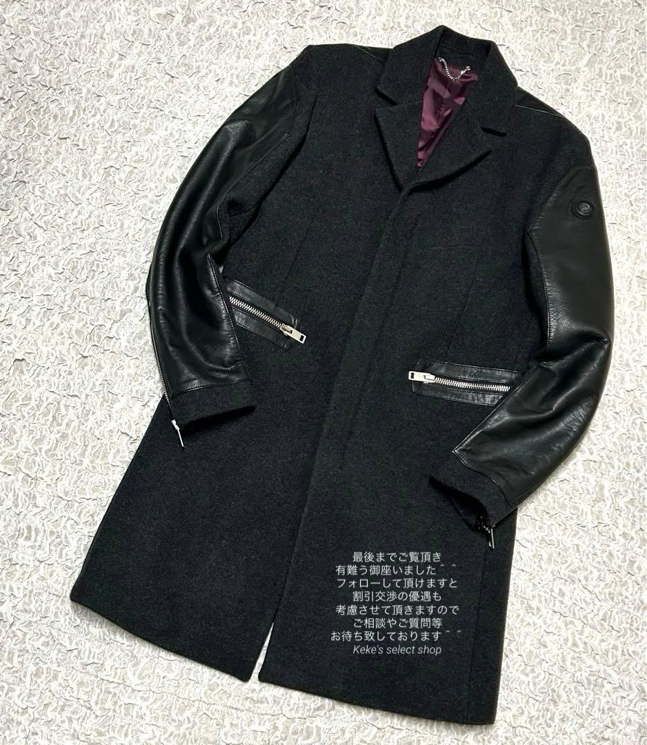 【正規品】 DIESEL チェスターコート レザー 切替 ウール ブラック 牛革