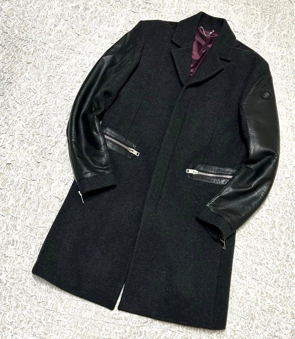 【正規品】 DIESEL チェスターコート レザー 切替 ウール ブラック 牛革