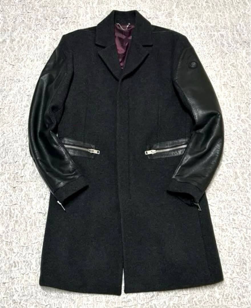 【正規品】 DIESEL チェスターコート レザー 切替 ウール ブラック 牛革