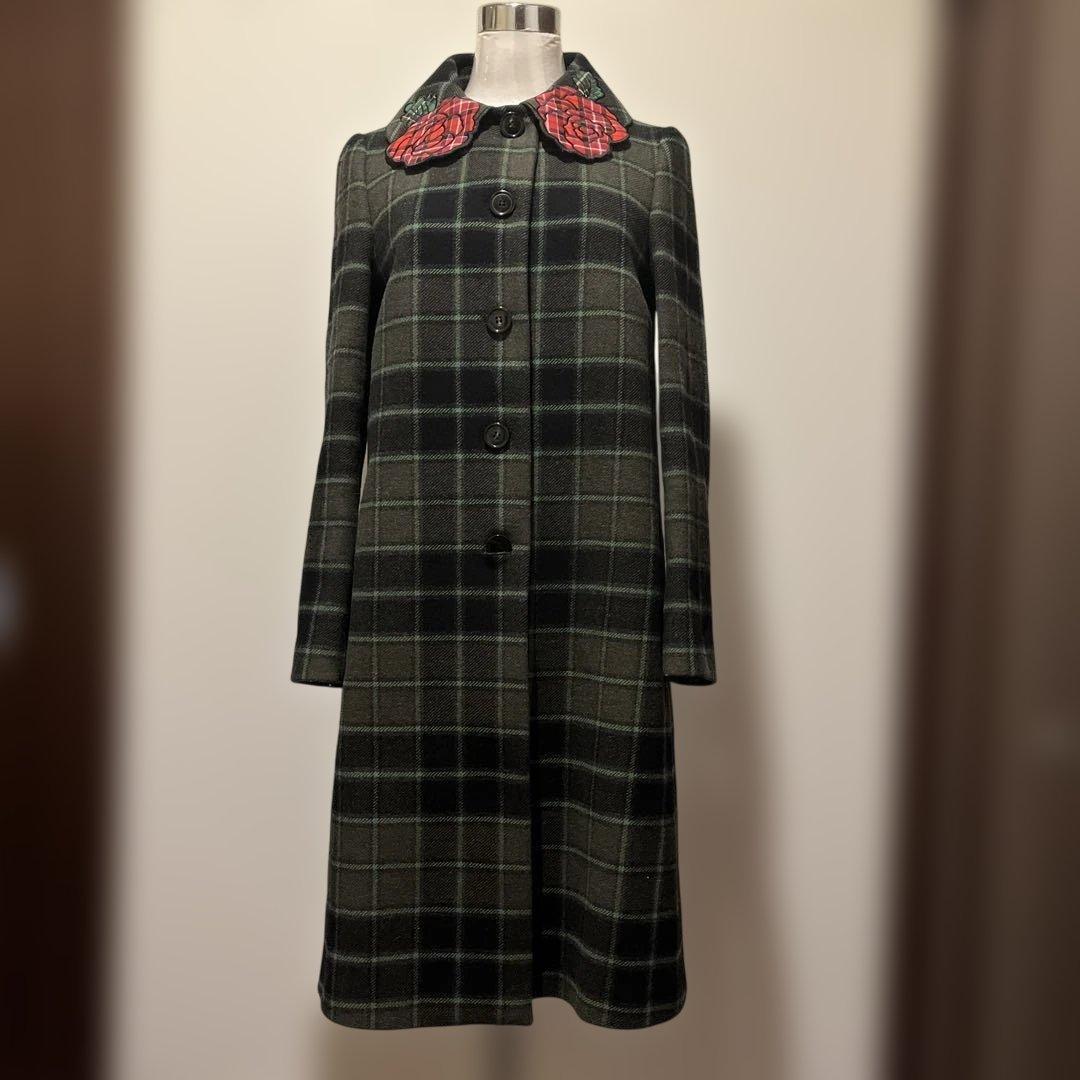 LOVE MOSCHINO チェック柄 花刺繍ウールコート 40
