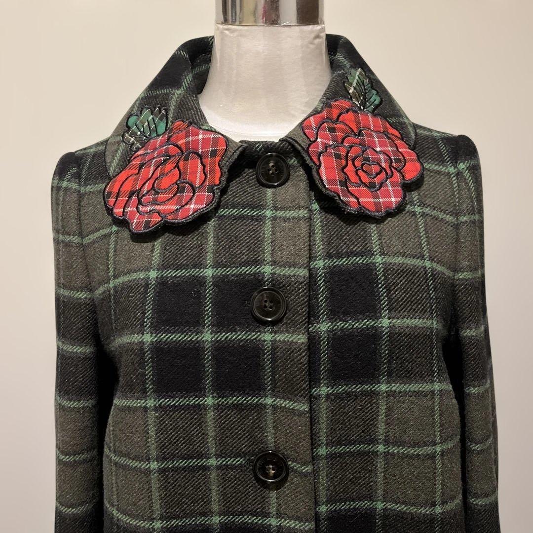LOVE MOSCHINO チェック柄 花刺繍ウールコート 40