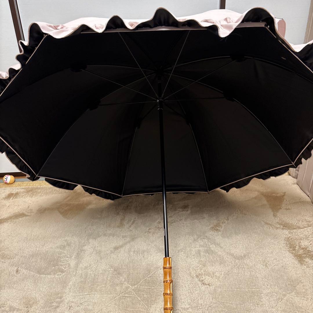 ピンクブラック フリル付き 八角形日傘 芦屋ロサブラン