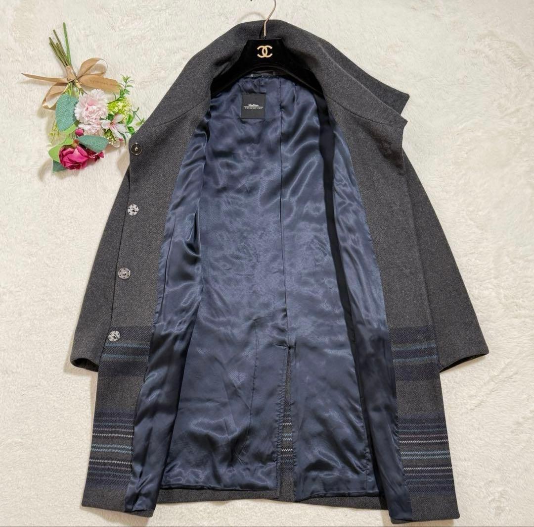 マックスマーラ ロングコート ハイネック ウール ボーダー柄 グレー　38