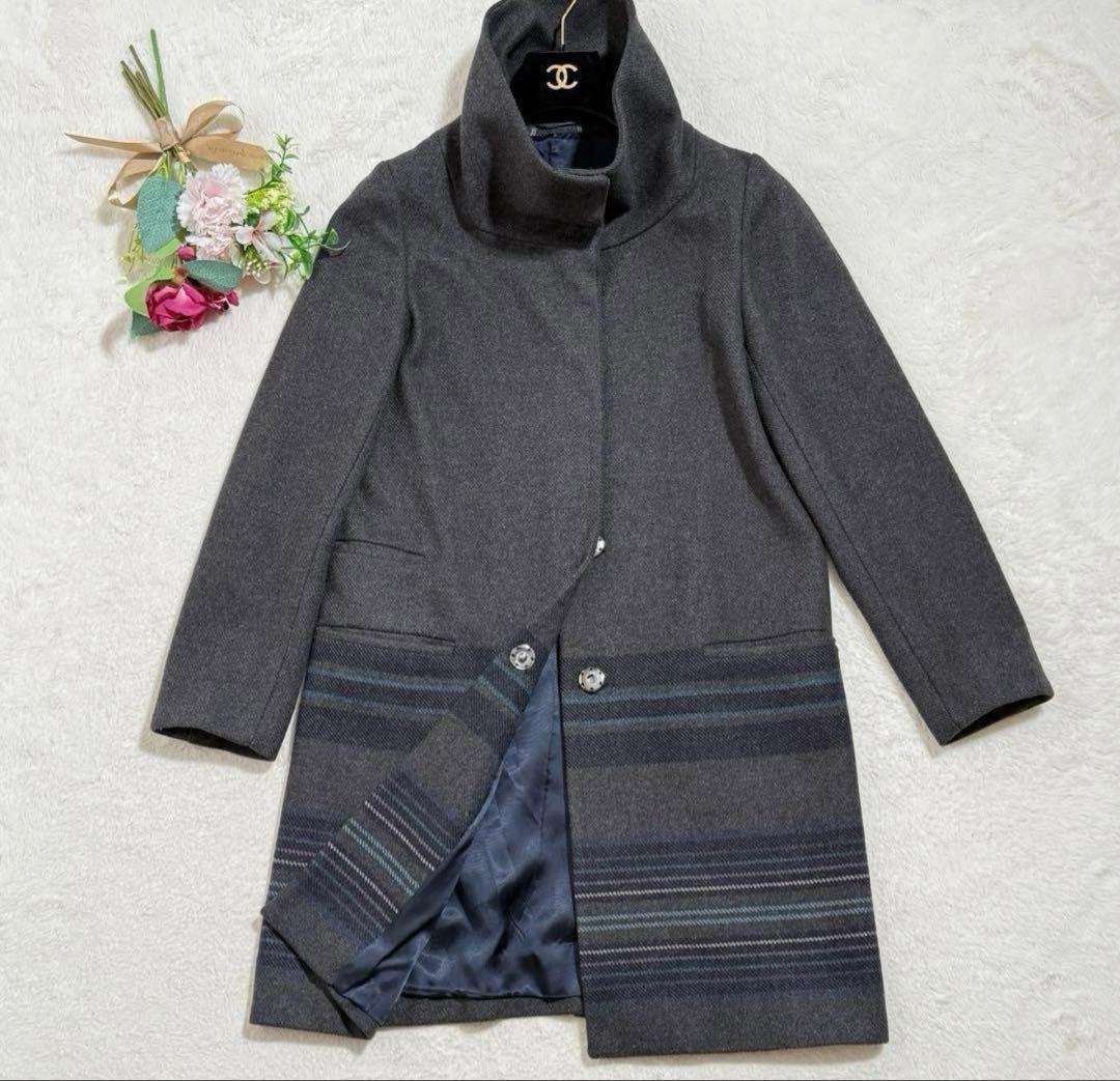 マックスマーラ ロングコート ハイネック ウール ボーダー柄 グレー　38