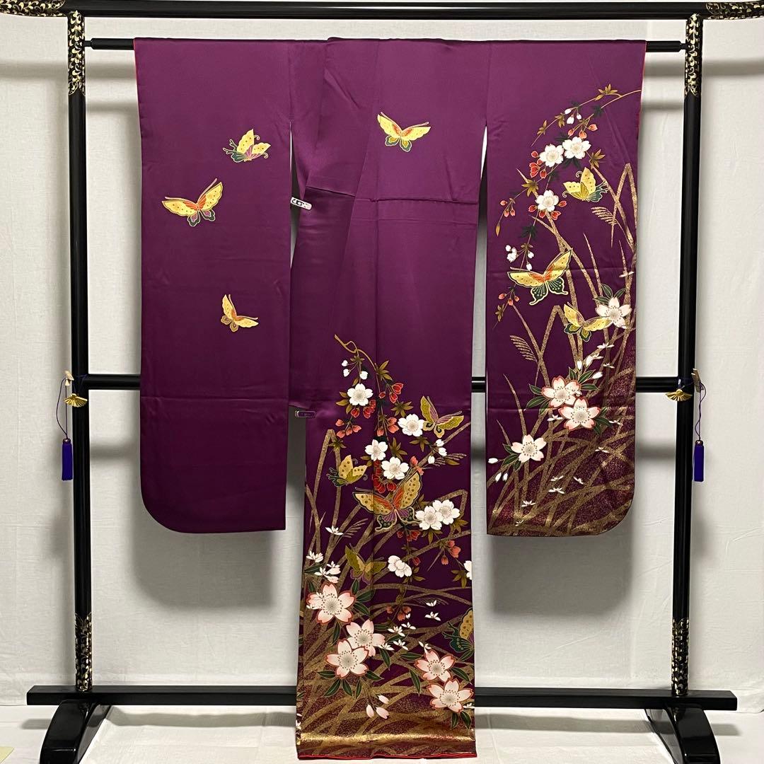 D797 振袖　蝶々　桜　豪華金彩　正絹　着物　袷　極美品