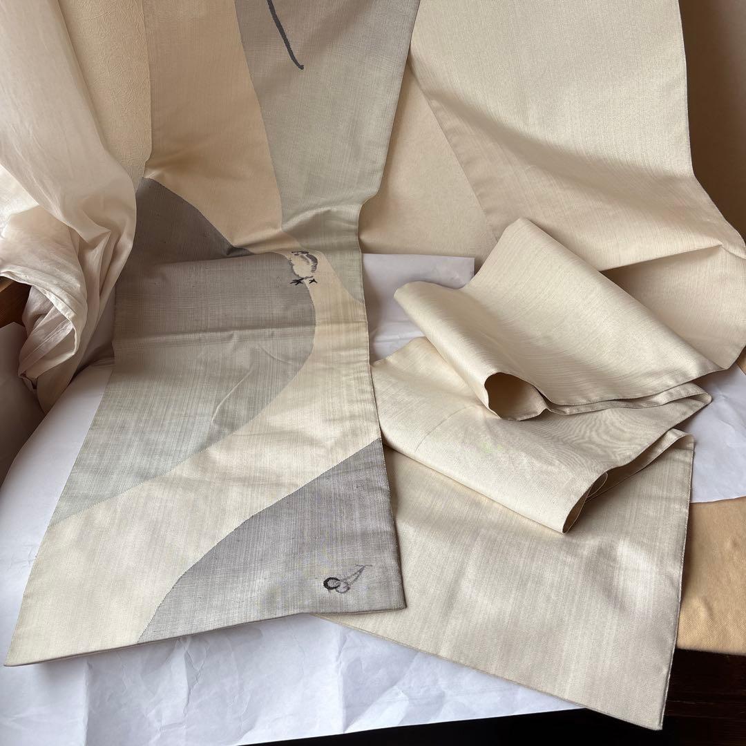 可愛いすずめ絵　織物のアート　紬袋帯　作家物