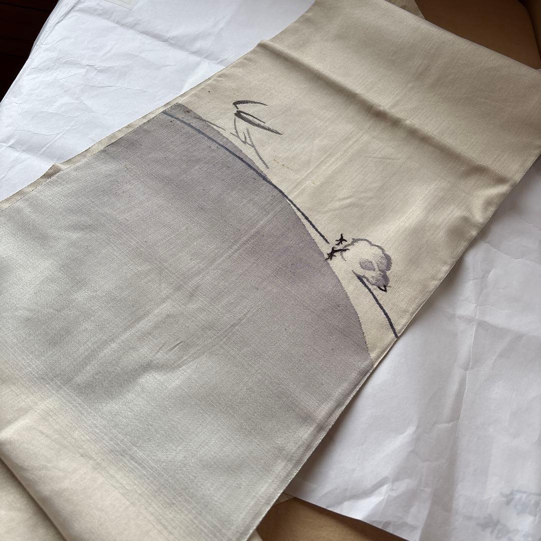 可愛いすずめ絵　織物のアート　紬袋帯　作家物