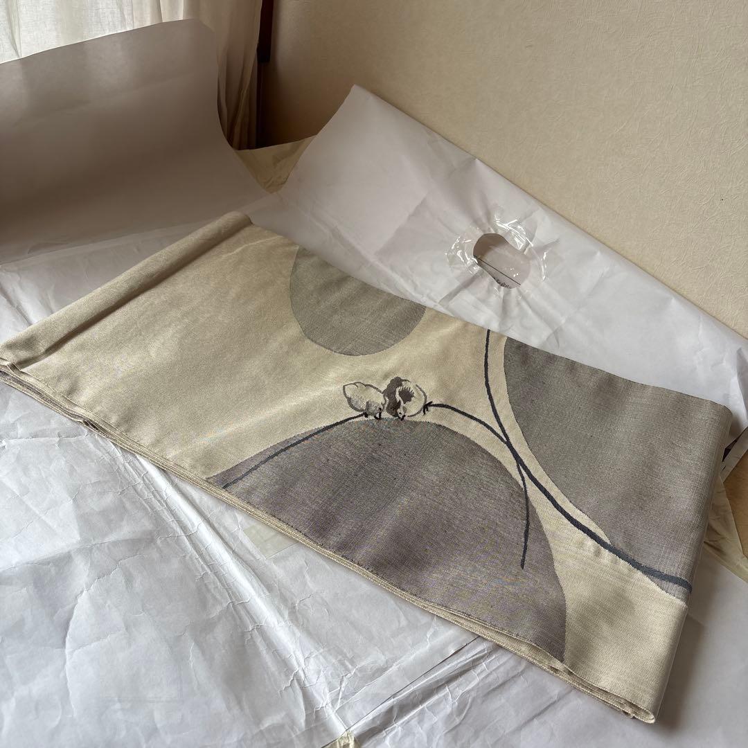 可愛いすずめ絵　織物のアート　紬袋帯　作家物