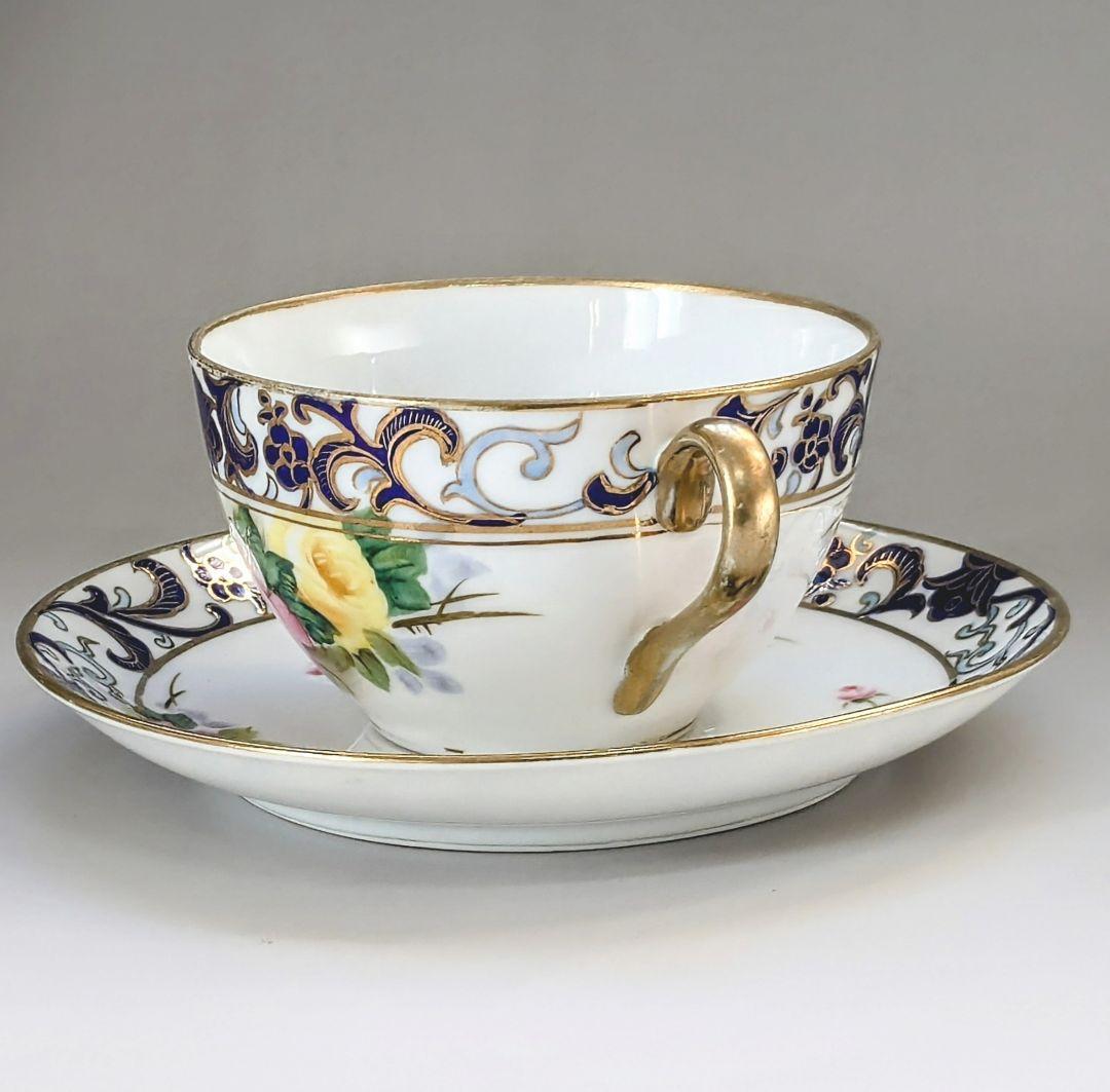 オールドノリタケ銘品!! 金彩藍帯薔薇図紋　キャビネットカップ＆ソーサー