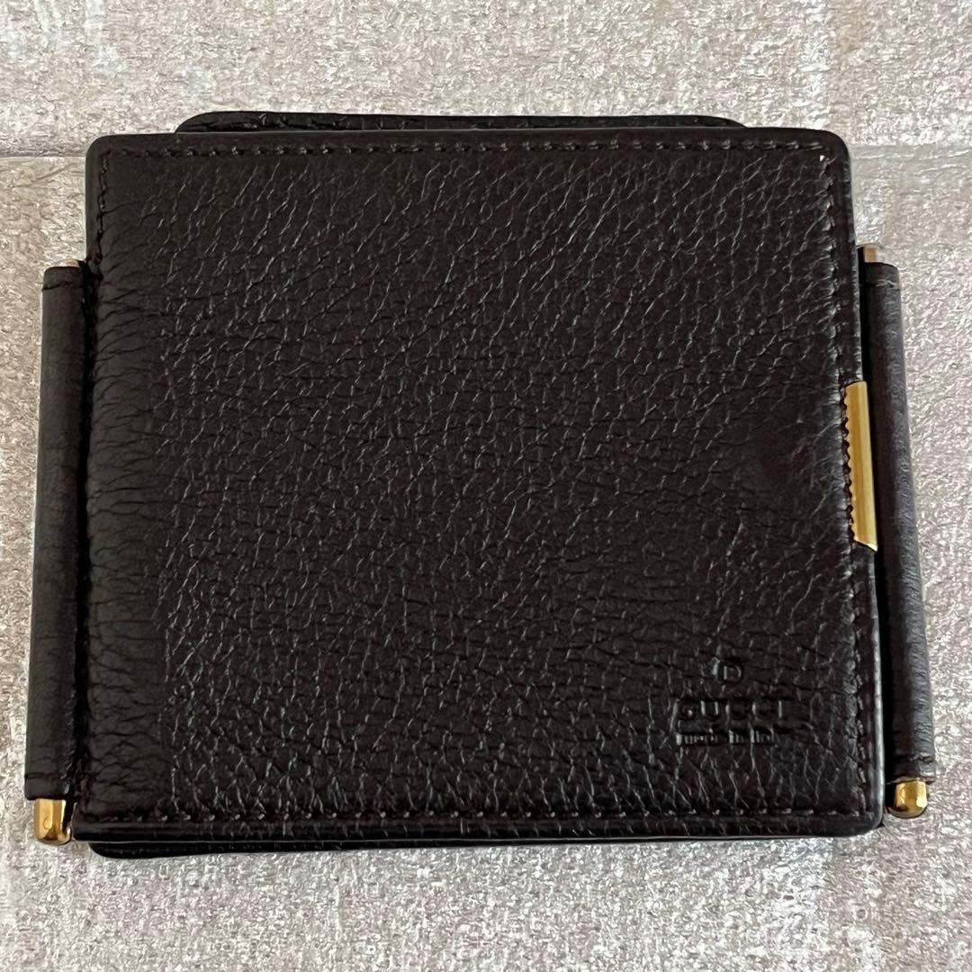 GUCCI グッチ マネークリップ　小銭入れ付き　メンズ レザー　 三つ折り財布
