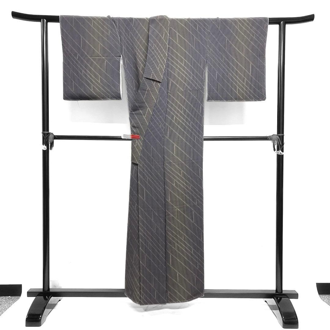 未着用　小紋　縦縞　斜め縞　よろけ縞　グレー　着物　122a d