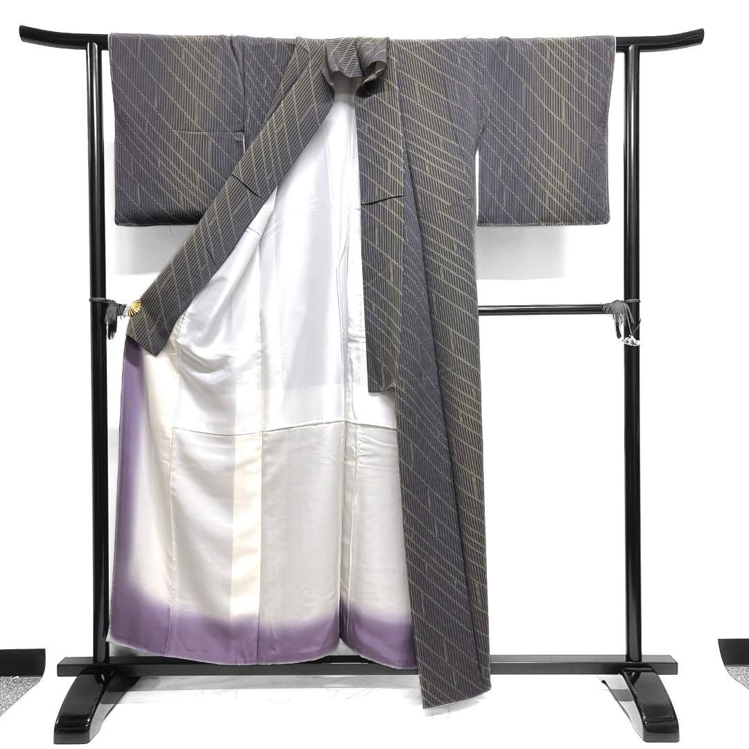 未着用　小紋　縦縞　斜め縞　よろけ縞　グレー　着物　122a d