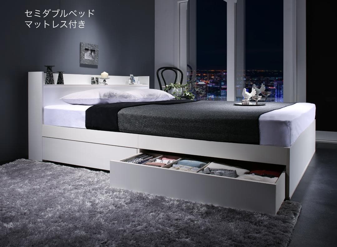 【香月 鋼司】匠モデルマットレスセミダブルベッド 収納 棚 コンセント