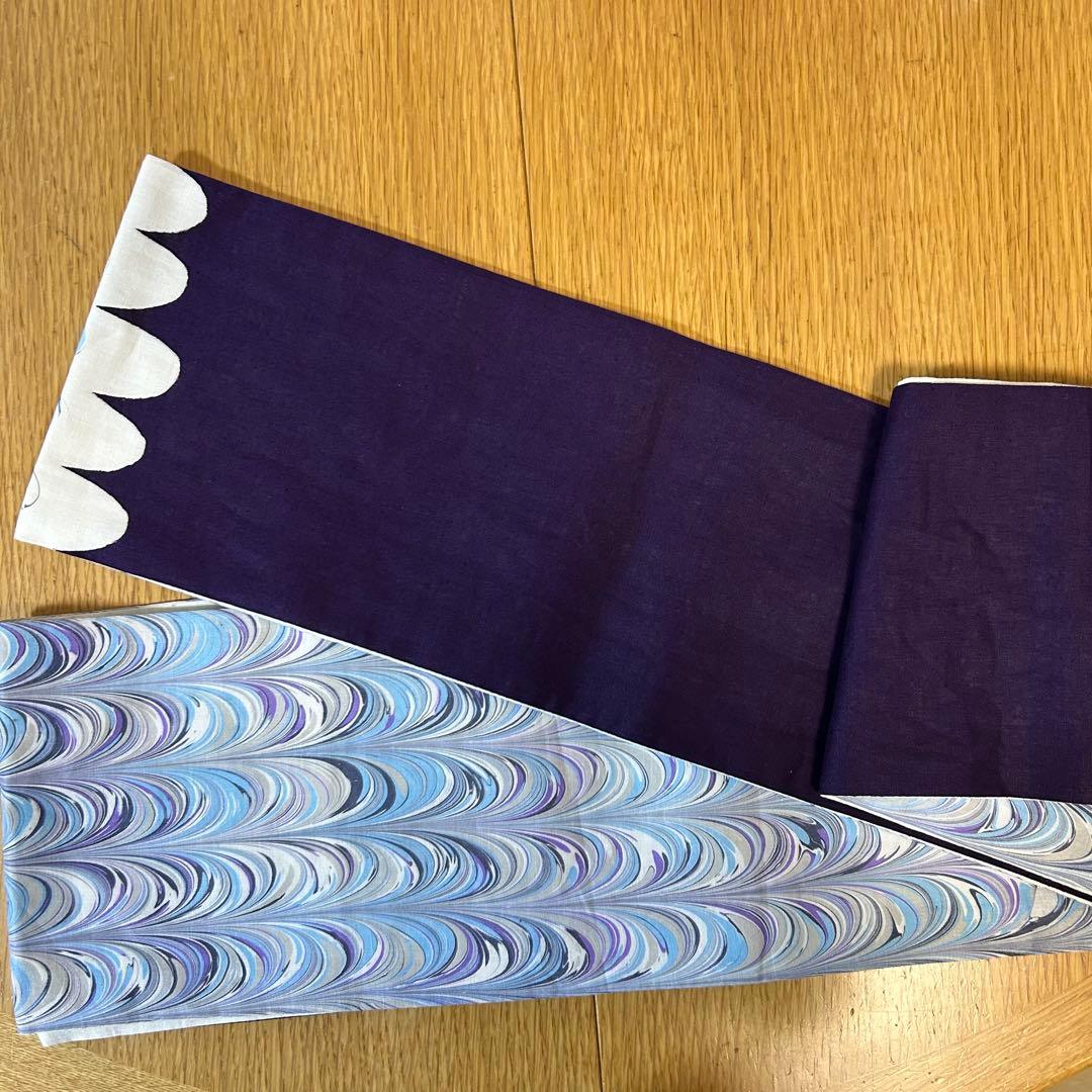 半巾帯 麻 加花 kahana 墨流し 半幅帯 細帯 ブルー パープル 着物