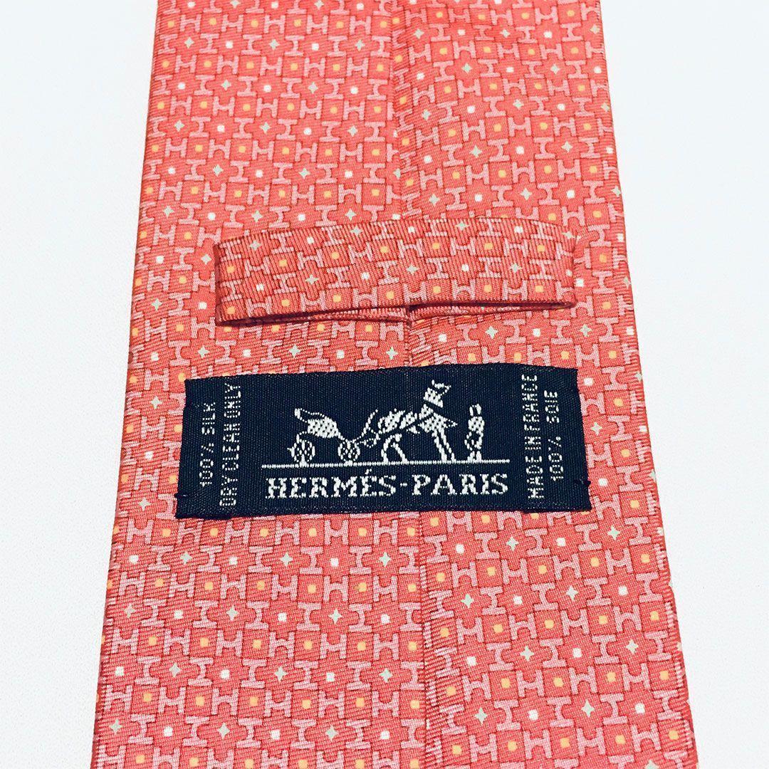 未使用級 エルメス HERMES ネクタイ シルク100% サーモンピンク H柄
