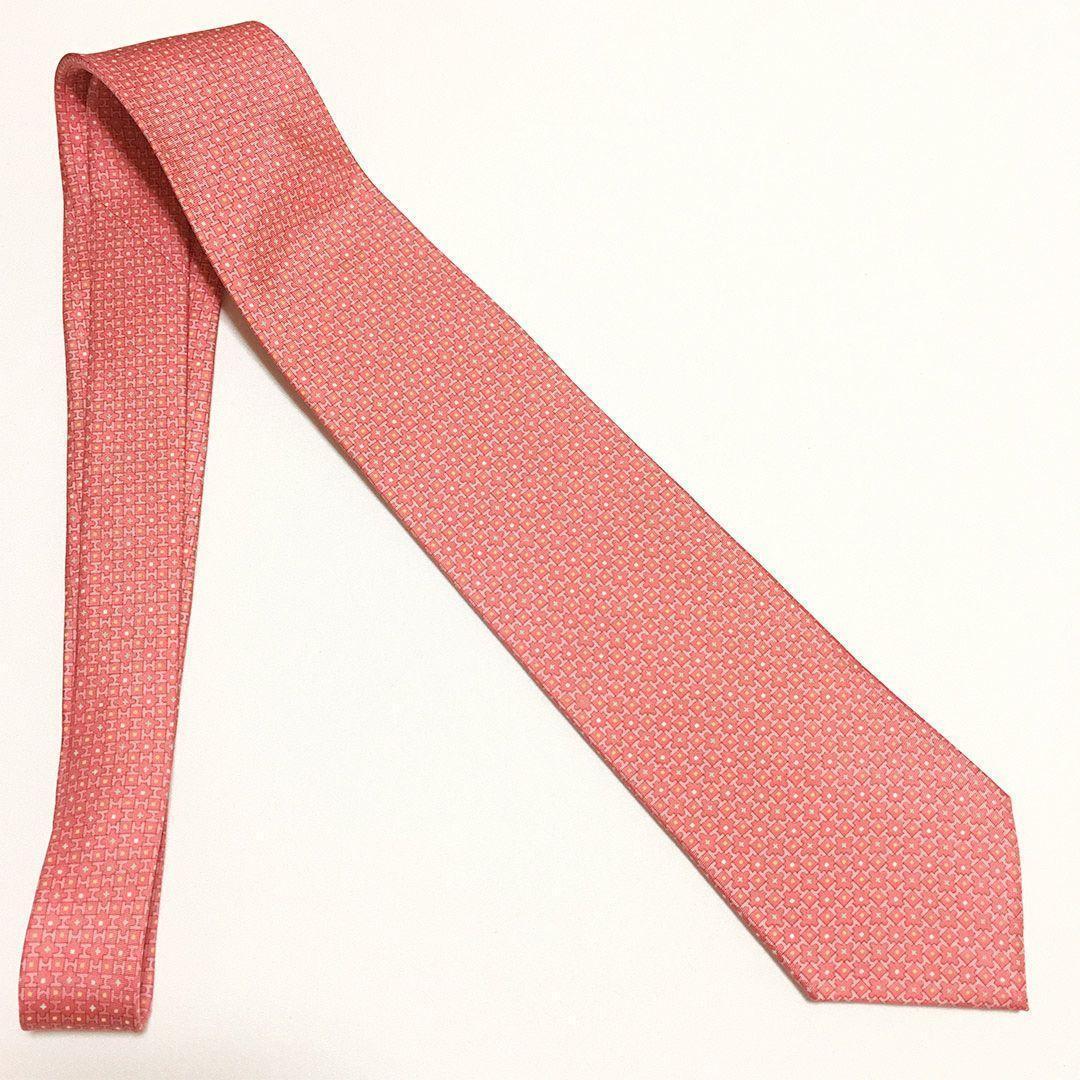 未使用級 エルメス HERMES ネクタイ シルク100% サーモンピンク H柄