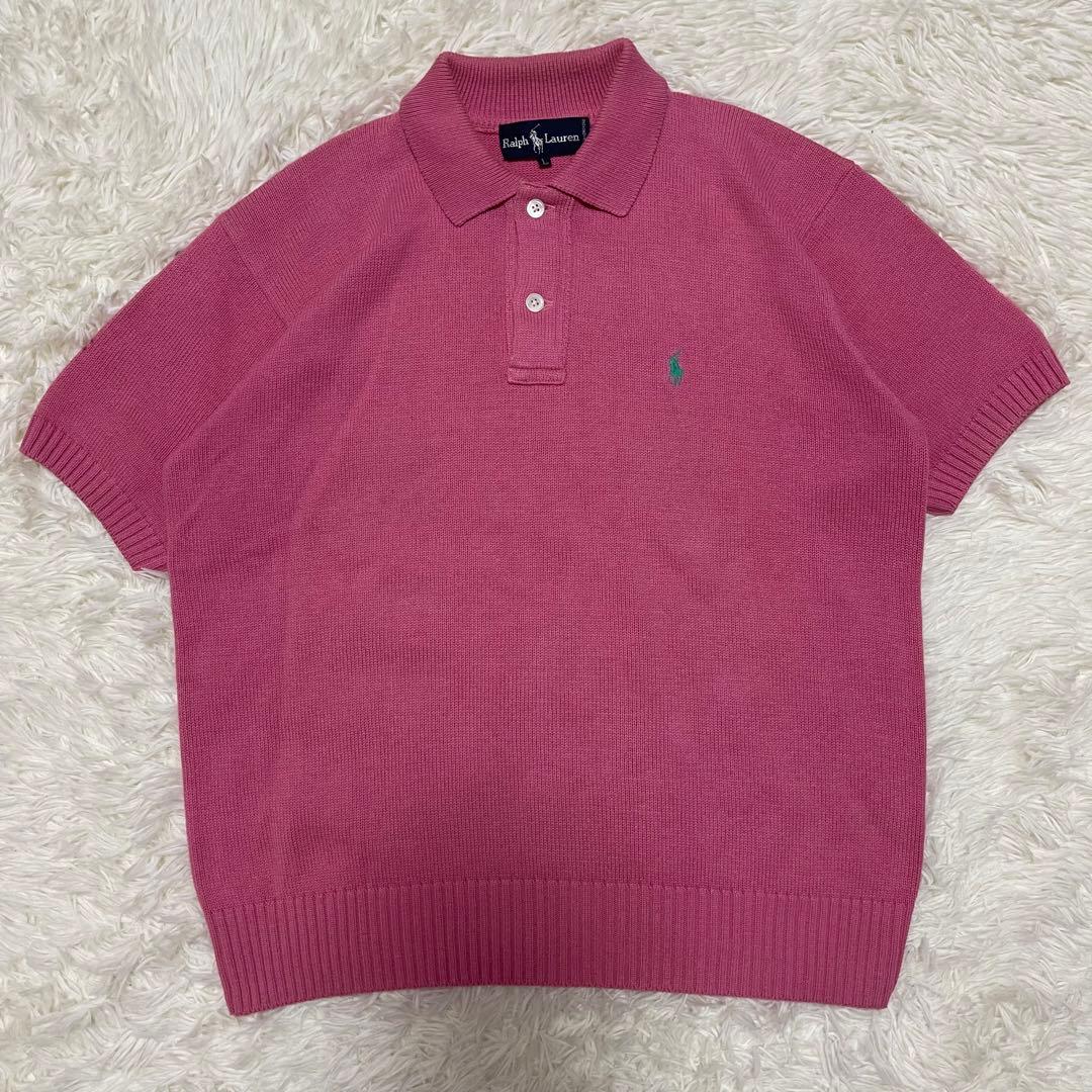 美品 半袖ニットポロシャツ ピンク ニット セーター ワンポイント 刺繍ロゴ
