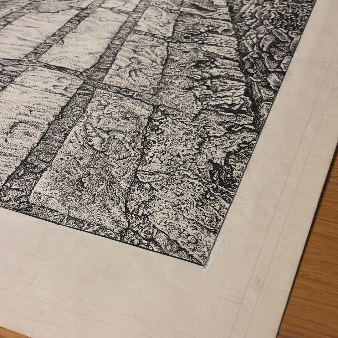 水木しげる アシスタント直筆原画 点描作品 「石畳の道」 額装品 希少原稿