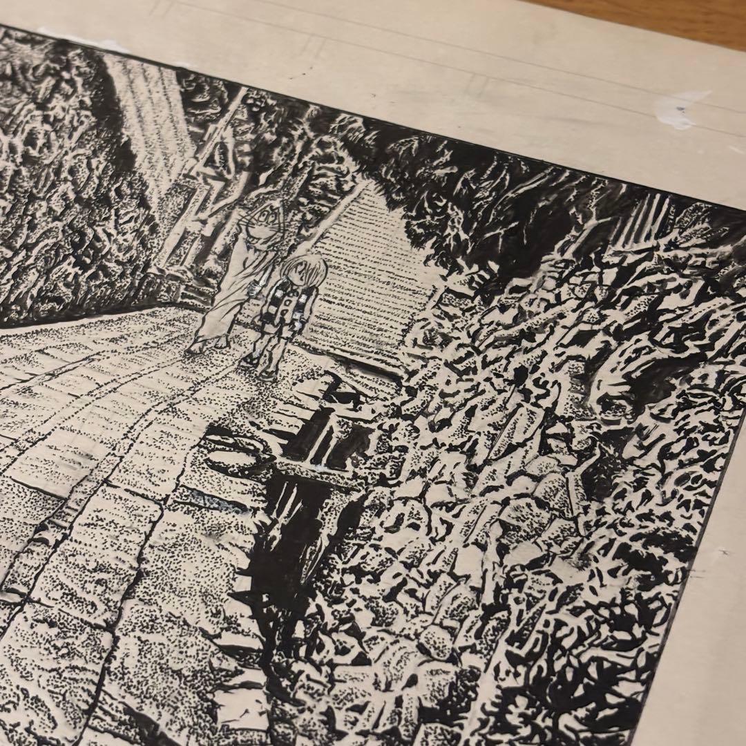 水木しげる アシスタント直筆原画 点描作品 「石畳の道」 額装品 希少原稿