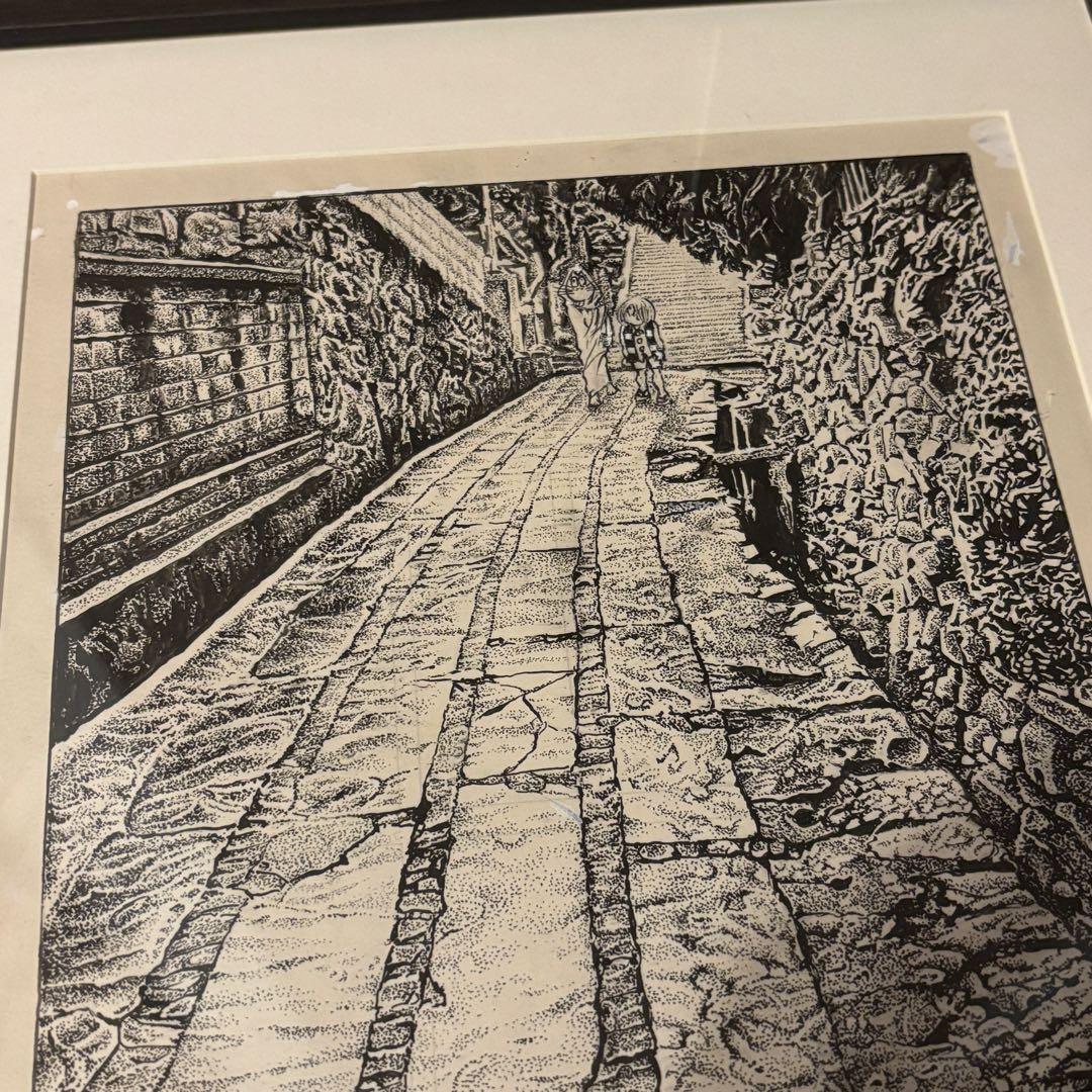 水木しげる アシスタント直筆原画 点描作品 「石畳の道」 額装品 希少原稿
